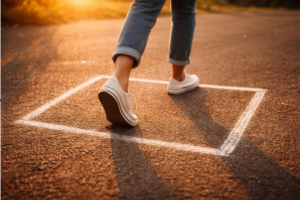 Person stepping out of a chalk box into warm sunlight