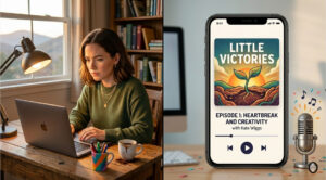 A split-screen illustration: on the left, a woman works on a laptop at a desk with a window view; on the right, a smartphone displays a podcast player.