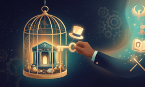 a hand unlocking a golden cage that traps a Wall Street building, releasing a glowing stream of creative and magical symbols