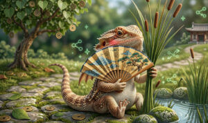 a cute little dragon with a fan