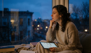 a woman sitting at the window