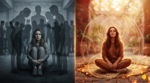 a split image of a woman, left side afraid, right side with dragon silhoutte