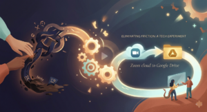 Conceptual illustration of a chaotic tech workflow transforming through glowing gears into a smooth, automated loop connecting Zoom to Google Drive.