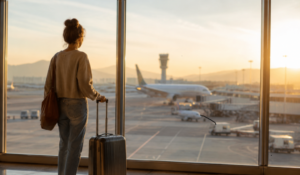 a woman standing at the airport looking at the planes with luggage in her hand