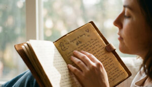 a woman reading a journal