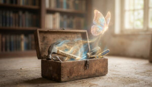 an open old tool box with flying butterfy