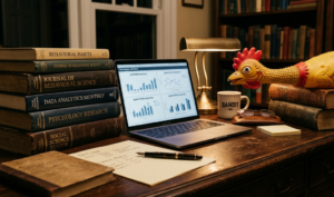 a rubber chicken looking at the monitor