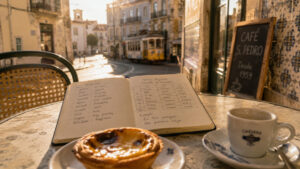 Sunlit Portuguese café table with pastry, espresso, and language notebook.