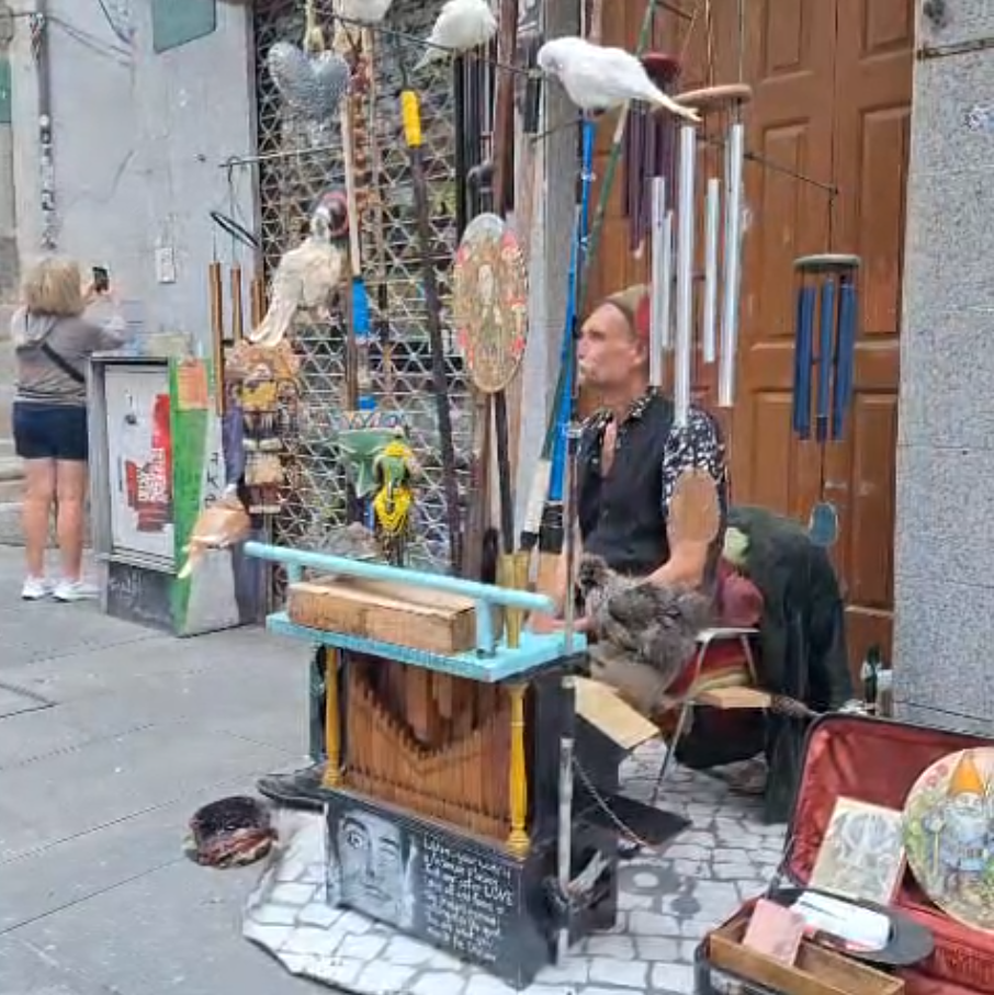 a man with so many improvised instrument in the alley