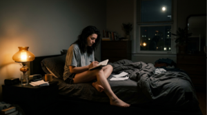 a woman sitting on a bed writing note