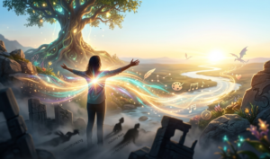 a woman standing on a cliff with colorful lights going through her aura