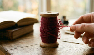 Hand pulling loose thread from spool.