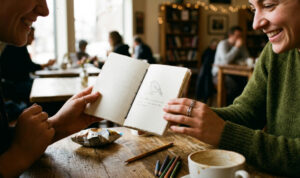 an open notebook holding by a lady and a man's hands