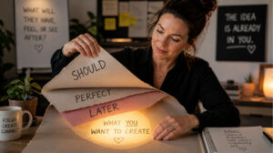 a lady removing every layer of papers to reveal something