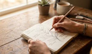 an open sketch book with somebody drawing in it