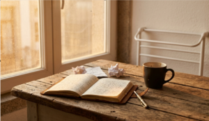 an open notebook, a cup, a pen and crumpled papers over t the table