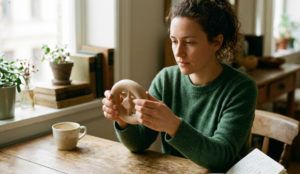 a woman looking at the small wooden wheel