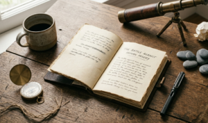 vintage brass telescope alongside the open journal and coffee