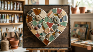 A textured mosaic heart made of colorful broken tiles, smooth river stones, and sea glass fragments on a rustic wooden board, displayed on an artist's easel.