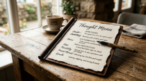 A rustic wooden menu titled "Thought Menu" rests on a table, with negative thoughts crossed out by a pen and positive alternatives listed below.