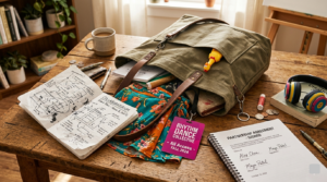 A flat-lay style photograph of an olive green canvas tote bag on a rustic wooden table with its contents beautifully spilled out.