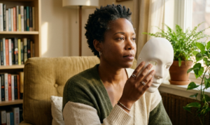 A reflective woman with short natural hair sits in a warm, sunlit room, gently holding a plain white theatrical mask away from her face to reveal her true expression.