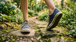 A close-up photograph of a person wearing worn blue canvas sneakers, taking a first step forward on a moss-covered stepping stone path that winds through a lush, sun-dappled garden.