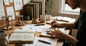 A close-up shot of a person sitting at a rustic wooden desk, mid-action writing in an open journal with a pen.