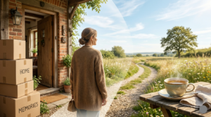 A split-screen metaphor image: on the left, a woman stands by an open doorway next to stacked moving boxes labeled "HOME" and "MEMORIES"; on the right, a warm, steaming cup of tea rests on a rustic wooden table overlooking a serene, sunlit path winding through a green field.