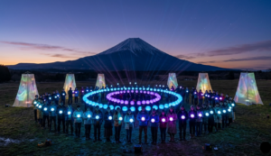 A group of diverse people stand at the foot of Mount Fuji at twilight, holding glowing blue and purple spheres that form a vibrant circle.