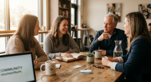 4 people talking each other over cups of coffee