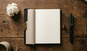 a crumpled paper, a note and pen on the table
