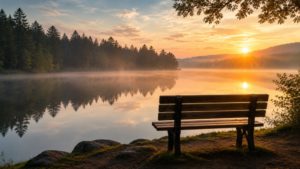 Solitary wooden bench overlooking a misty lake at sunrise, with calm water reflecting golden morning light and surrounding forest.