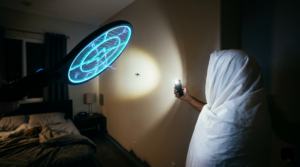 a woman wrap with a blanket holding a flashlight and a tiny mosquito