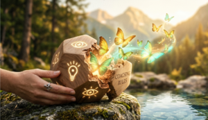 A hand releases glowing, vibrant butterflies from a cracked wooden polyhedron resting by a serene mountain river.