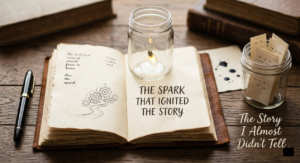 An open vintage journal on a wooden desk featuring handwritten text and a small jar with a glowing firefly resting on the page.