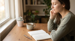 a woman sitting at the table looking to her note