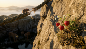 A hand reaches to pluck a single ripe strawberry growing from a steep cliffside.
