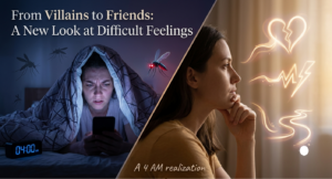 A split-screen image showing a person in bed at 4:00 AM bothered by mosquitoes on the left, contrasted with a thoughtful person looking at glowing symbols representing difficult emotions on the right.