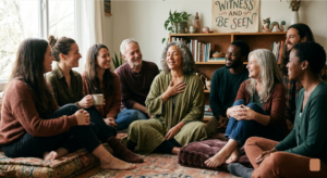 a group of people sitting and looking at each other