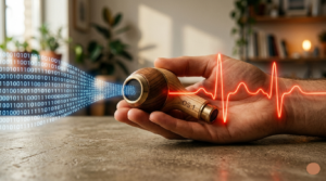 An artistic rendering of the wooden "Her" earbud held in a hand, with a stream of blue binary code flowing out of one side and transitioning into a glowing scarlet heartbeat pulse line on the other.