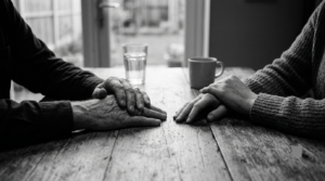 Black and white close-up of two pairs of hands resting on a wooden table, emphasizing a quiet, intimate moment of human connection.