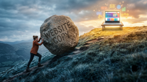 A woman in a rust jacket pushes a giant boulder engraved with the words 'WEBSITE COPY' up a steep, grassy hill.