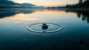 Pebble creating concentric ripples in a calm lake at dawn.