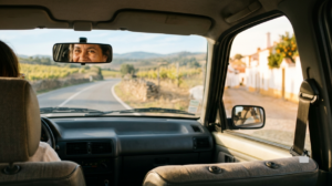 View from the backseat of a car looking forward, showing a woman's warm, smiling eyes reflected in the rearview mirror as a sunny European street blurs past the window.