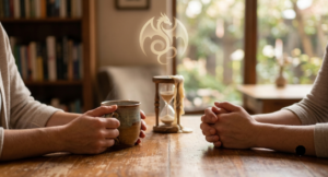 A quiet conversation at a wooden table with an hourglass and a subtle dragon symbol in the background.