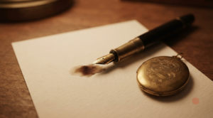 A close-up, warm-toned shot of an artisan fountain pen resting on a piece of textured, cream-colored paper next to an antique, gold-plated locket engraved with a dragon.
