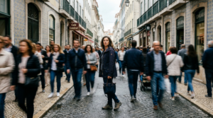 Woman stopping in sharp focus on a crowded Portuguese cobblestone street.
