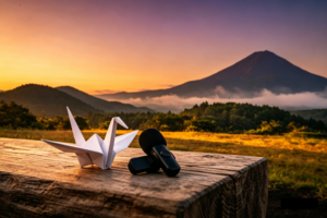 A white paper crane and a small microphone rest on a rustic wooden bench overlooking a misty Mount Fuji at sunset.