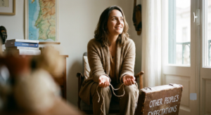 Woman sitting in a sunlit room letting go of a piece of string.